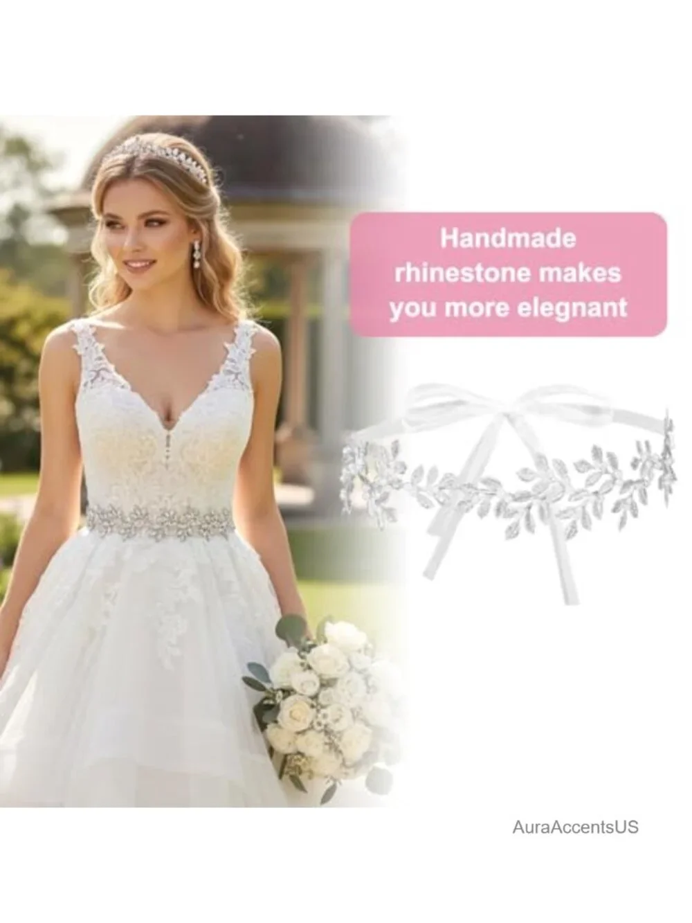 Silver Leaf Pearl Bridal Belt with Organza - Adjustable Wedding Sash